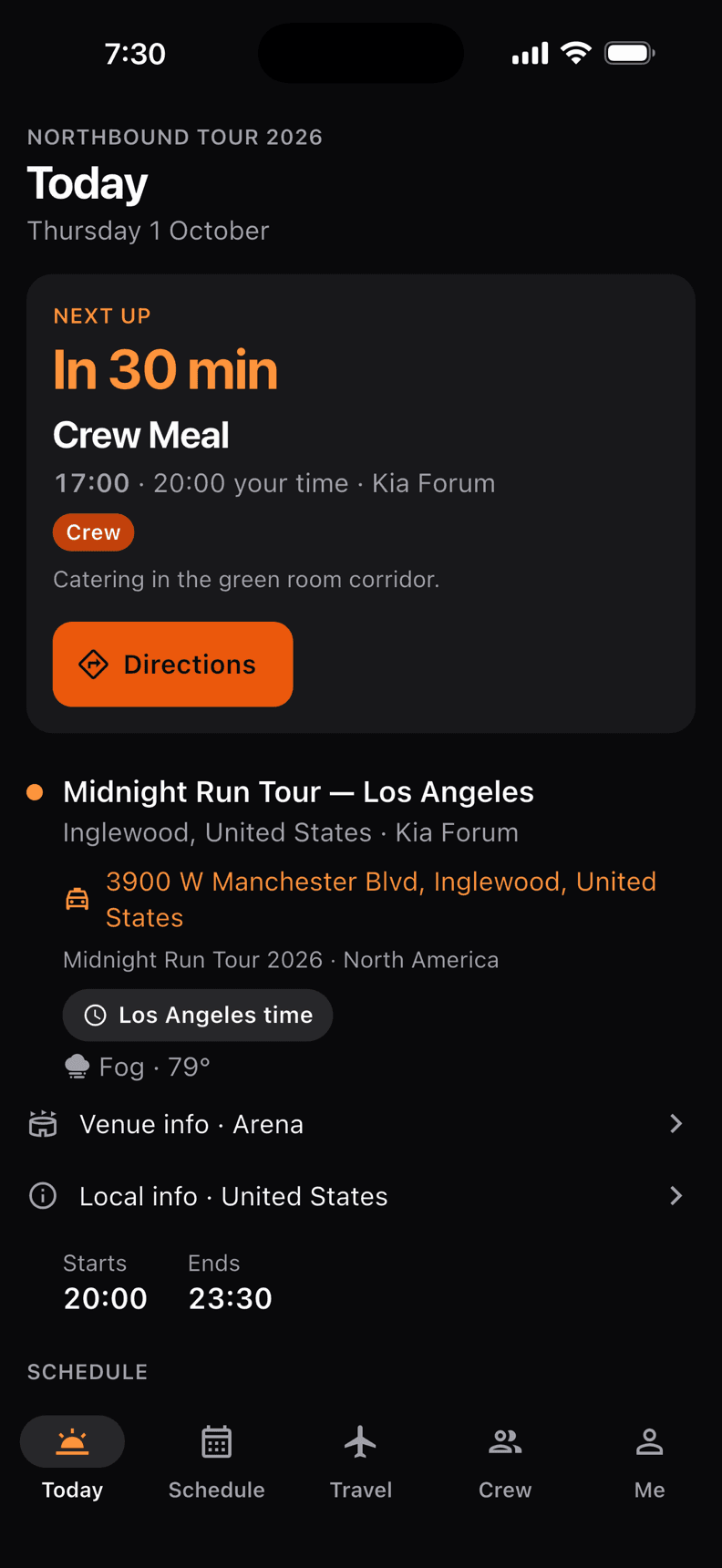 The Today tab in the Crewik app, with the next line counting down