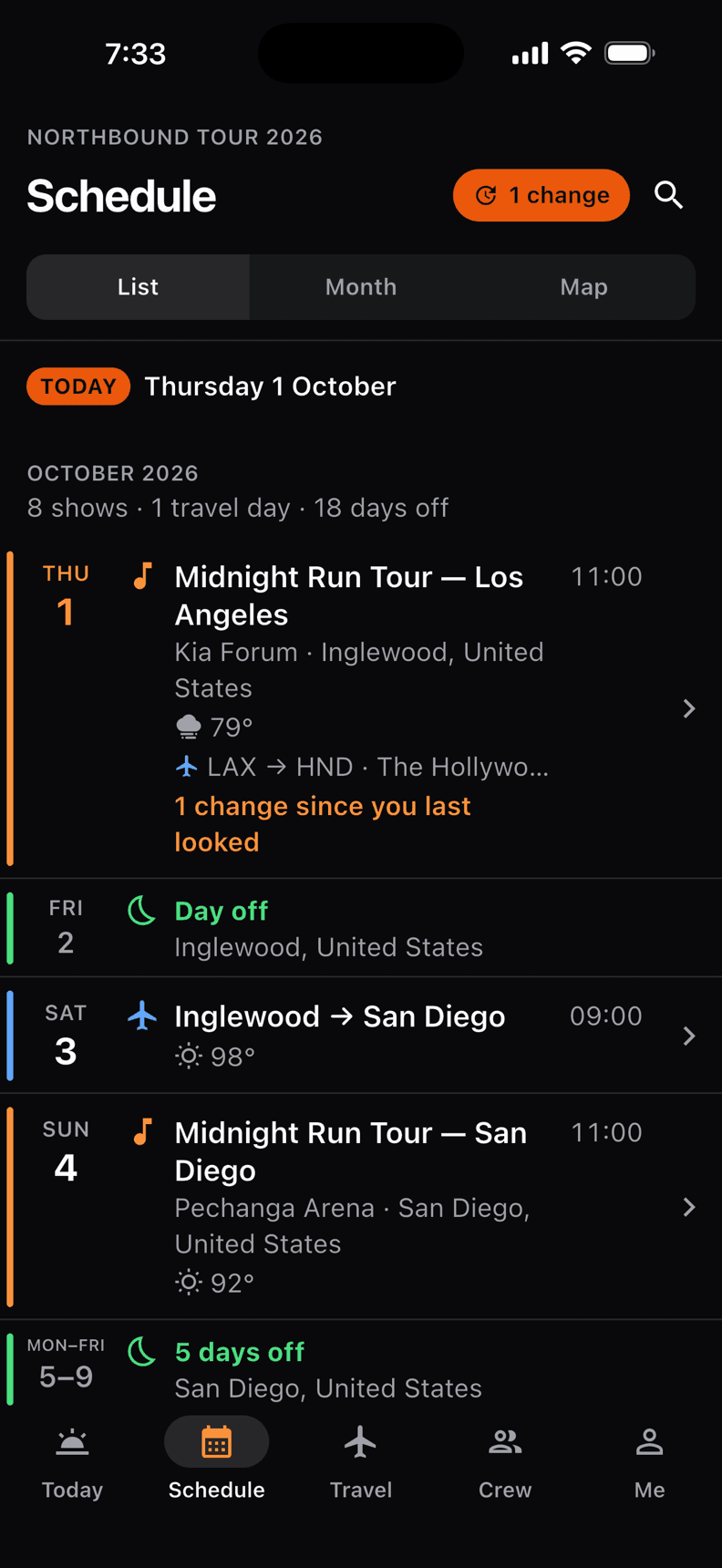 The Schedule tab in the Crewik app, listing the tour day by day