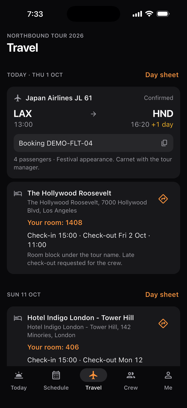 The Travel tab in the Crewik app, with a flight and a hotel