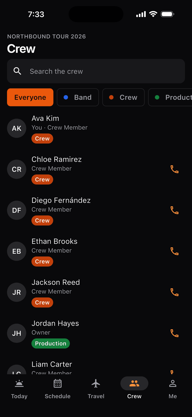 The Crew tab in the Crewik app, listing people by group