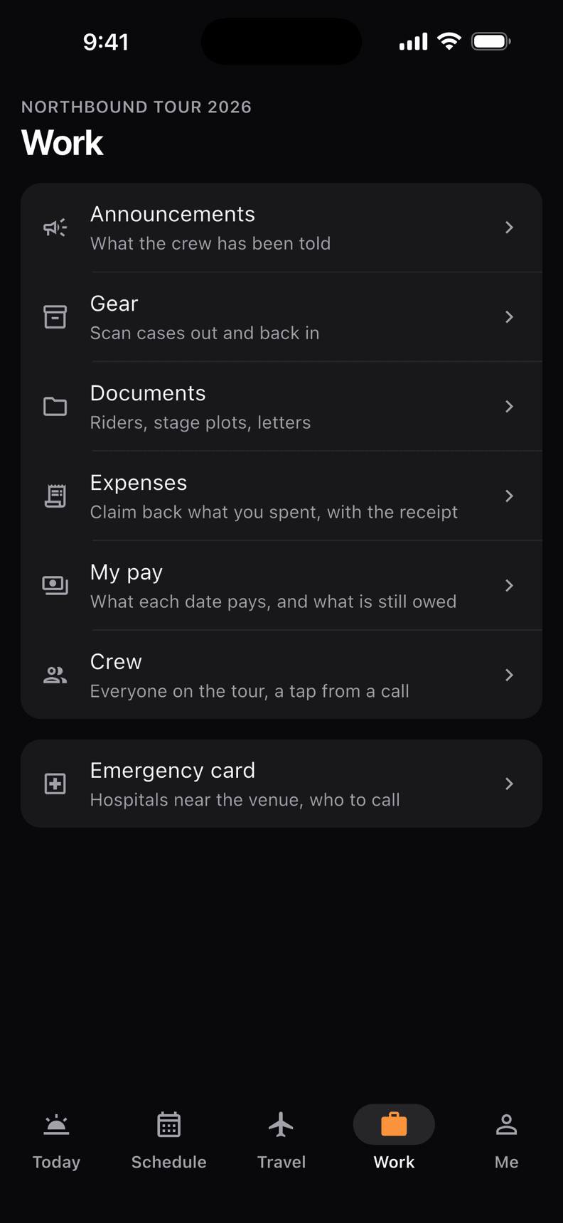 The Work tab in the Crewik app: announcements, gear, documents, expenses, pay and the crew