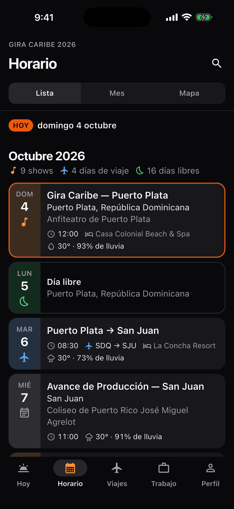 La pestaña Horario de la app Crewik, con la gira día por día
