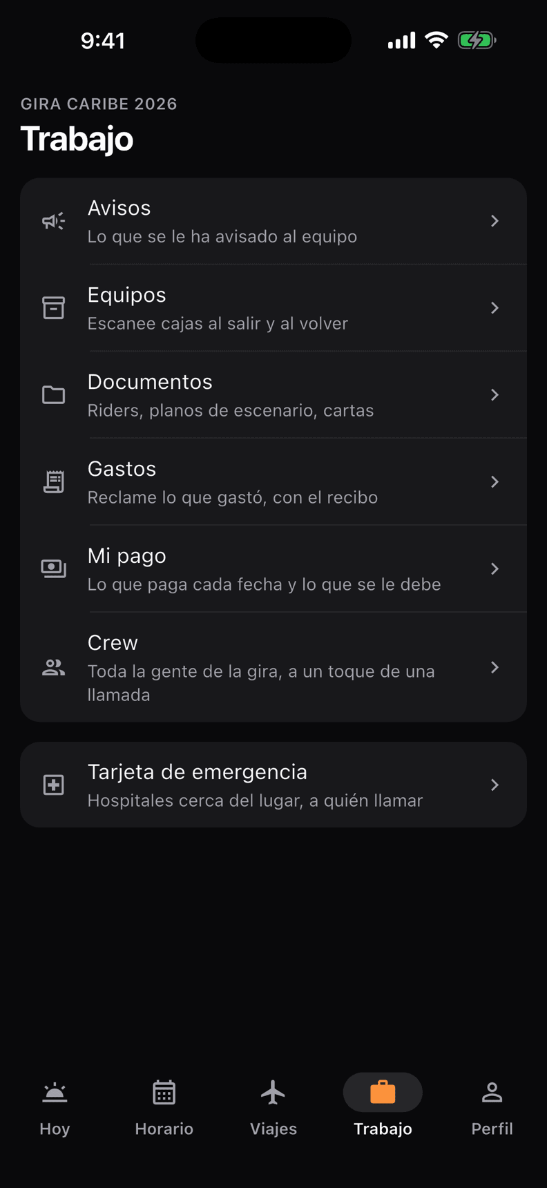 La pestaña Trabajo de la app Crewik: avisos, equipos, documentos, gastos, pagos y el crew